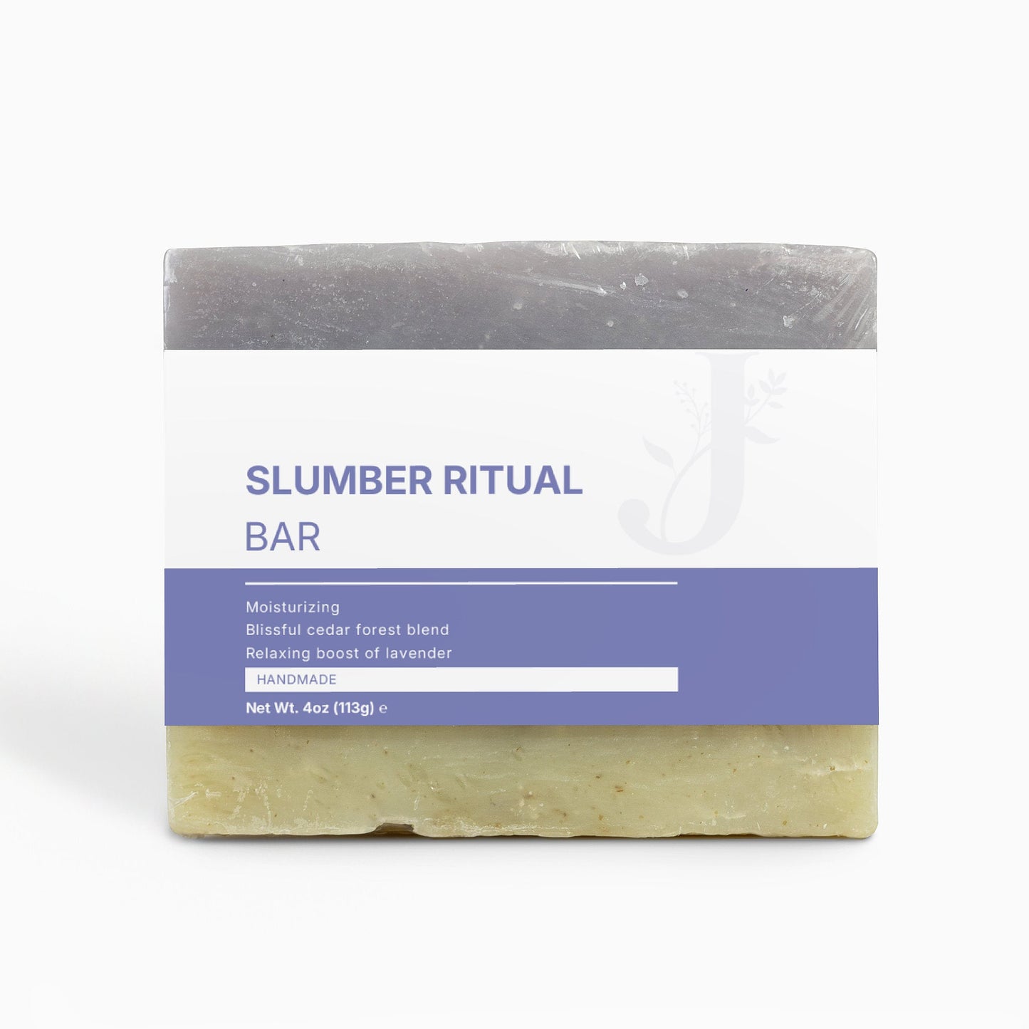 Bar of soap with a purple label on a white background