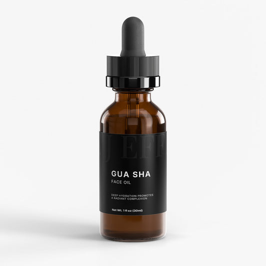 Brown glass bottle with dropper labeled 'Gua Sha Face Oil' on a white background