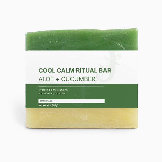 Green soap bar with 'Cool Calm Ritual Bar' packaging on a white background