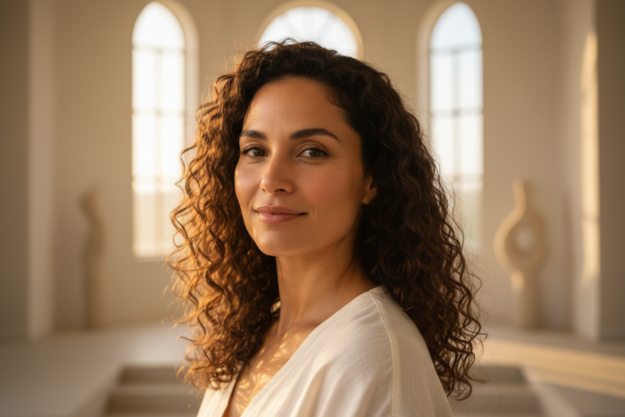 A photorealistic, high-resolution hero image of a woman in her 30s with diverse, authentic beauty and glowing, natural skin texture. She looks serene, confident, and is smiling softly, bathed in warm golden hour sunlight. The background is a blurred, airy, minimalist sanctuary with soft tones of alabaster white and warm beige. The lighting is soft and luminous, creating a halo effect. Cinematic lighting, 16:9 aspect ratio, clean beauty aesthetic, authentic and unretouched feel.