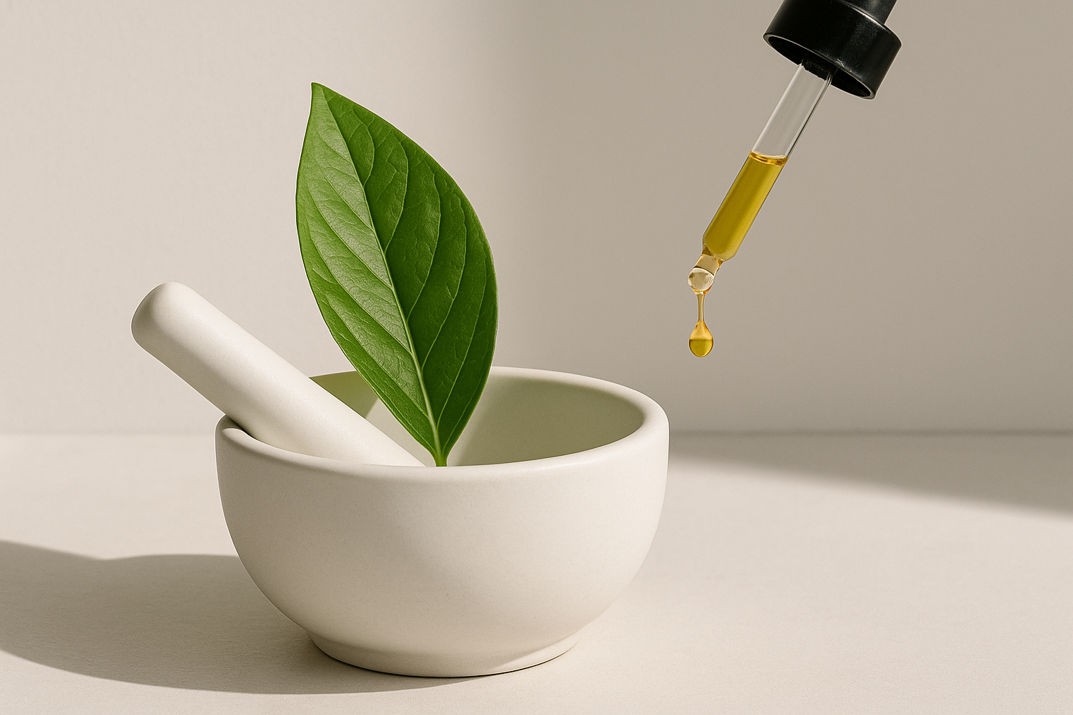 an artful, minimalist composition of a fresh green leaf resting in a pristine white ceramic mortar, with a glass dropper releasing a single drop of golden oil beside it.